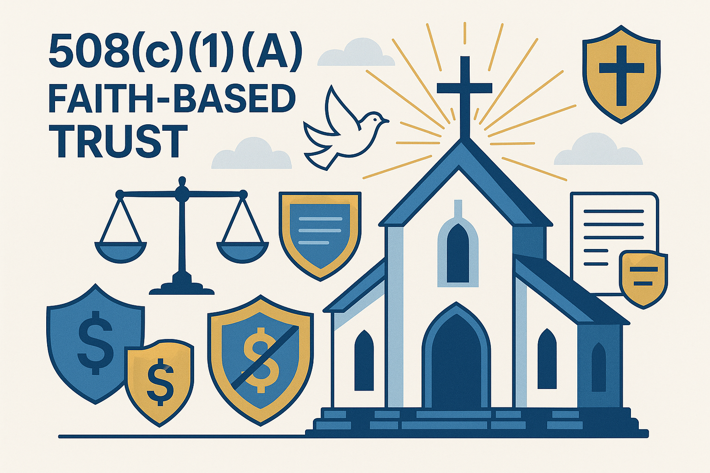 create an image based off my service description: 508(c)(1)(A) Faith-Based Trust
Ecclesiastical framework for ministries and spiritual orgs—tax-exempt without 501(c)(3) restrictions.
$5,997
Protects speech & practice freedom
Private-law structure for ministry operations
Certification + schedules + onboarding
⚖️ Consultation required; fee credited upon engagement.
Book Consultation